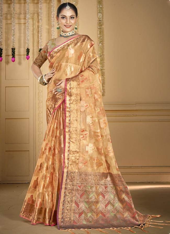 Organza Peach Festival Wear Weaving Saree